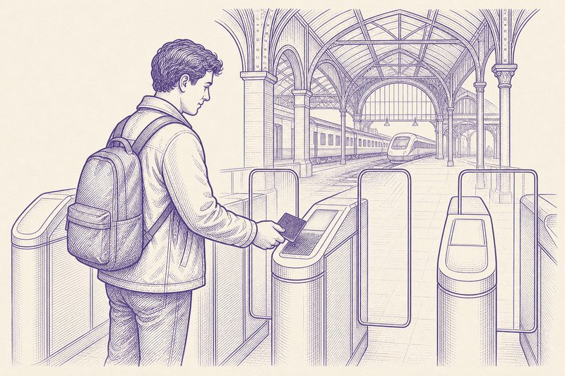Zeichnung in Tusche zum Thema: Zugtickets über 12306 kaufen: Reisepass, App, Bahnhof