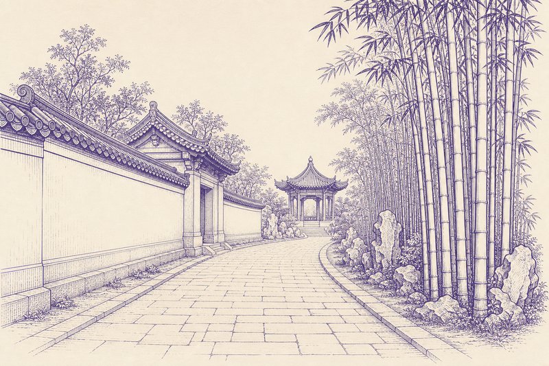 Zeichnung in Tusche zum Thema: Der Wuhou-Tempel in Chengdu