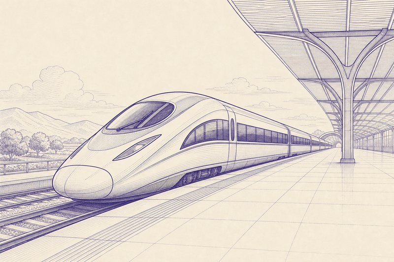 Zeichnung in Tusche zum Thema: Zug fahren in China: Hochgeschwindigkeitszug, 12306 und Routen