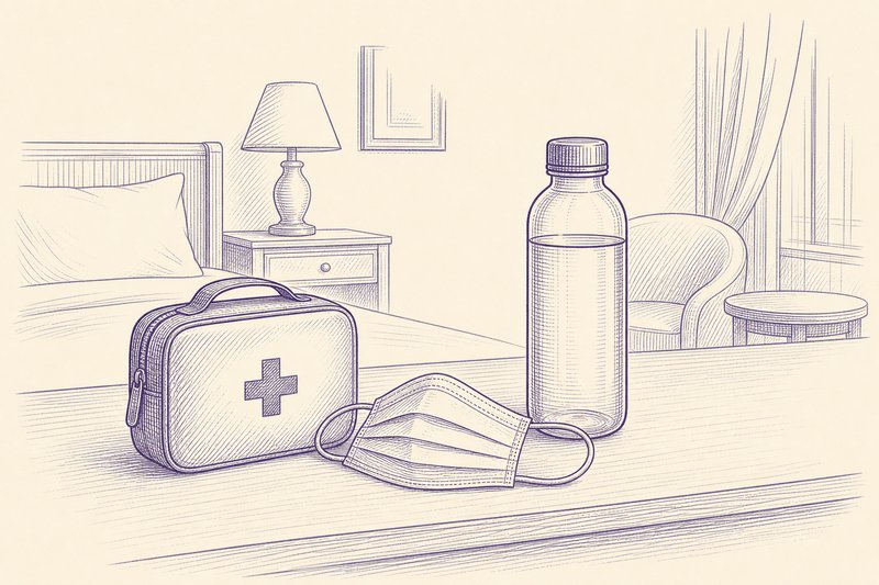 Zeichnung in Tusche zum Thema: Gesundheit auf der China-Reise: Impfungen, Luft, Wasser, Apotheken