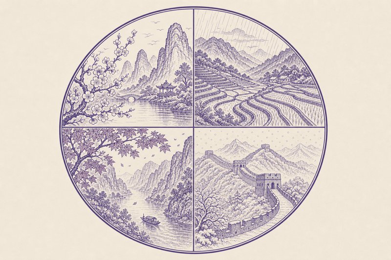 Zeichnung in Tusche zum Thema: Beste Reisezeit China: Klima nach Regionen und Planung der Rundreise