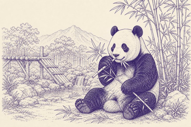 Zeichnung in Tusche zum Thema: Chengdu und die Pandas: Sichuan mit Pandastation, Leshan und Emei