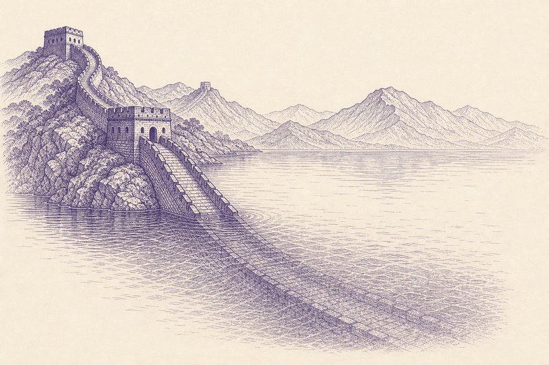 Zeichnung in Tusche zum Thema: Huanghuacheng: der Mauerabschnitt am Stausee