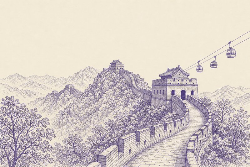 Zeichnung in Tusche zum Thema: Mutianyu: der Mauerabschnitt im Norden von Peking