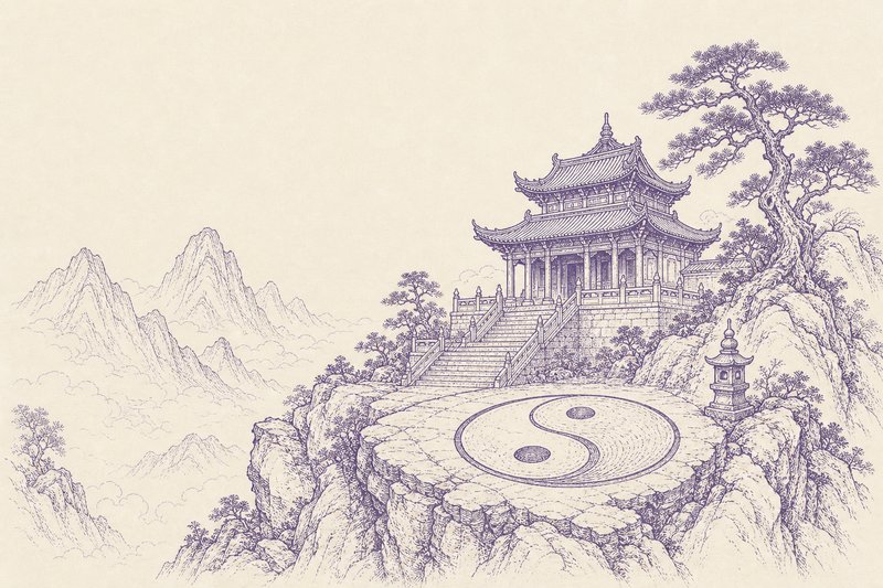 Zeichnung in Tusche zum Thema: Daoismus: Lehre, Tempel und heilige Berge Chinas