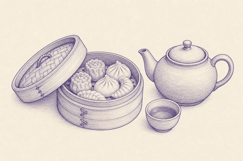 Zeichnung in Tusche zum Thema: Chinesisches Essen: Küchen, Dim Sum und Tischsitten