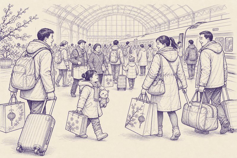 Zeichnung in Tusche zum Thema: Reisen rund um das chinesische Neujahr