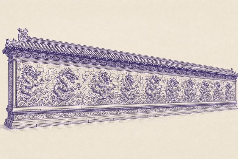 Zeichnung in Tusche zum Thema: Die Neun-Drachen-Wand in Datong