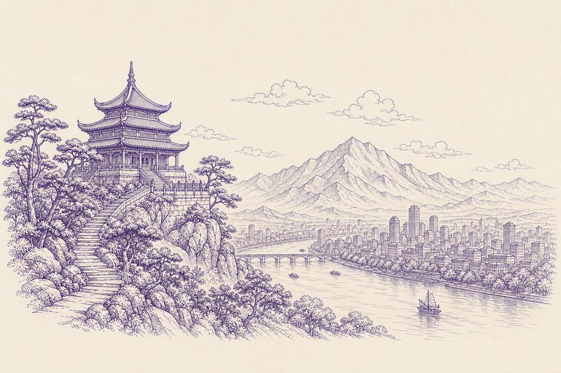 Zeichnung in Tusche zum Thema: Gushan, der Trommelberg bei Fuzhou