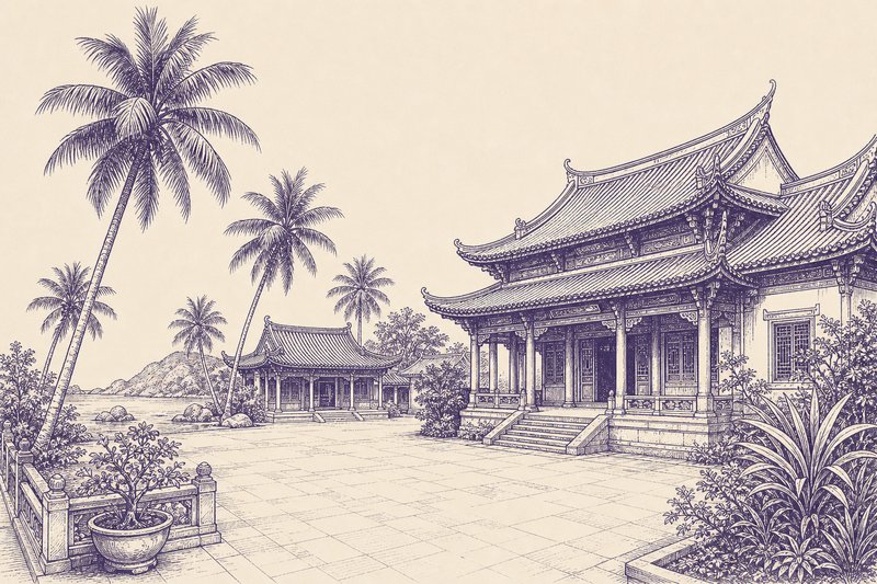 Zeichnung in Tusche zum Thema: Der Tempel der Fünf Beamten in Haikou