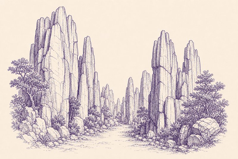 Zeichnung in Tusche zum Thema: Der Steinwald Shilin bei Kunming