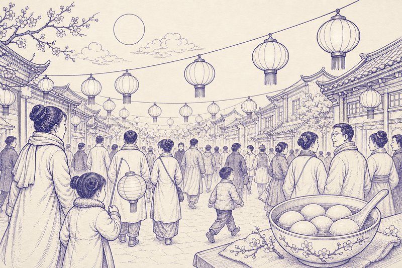 Zeichnung in Tusche zum Thema: Das chinesische Laternenfest und der Festkalender Chinas
