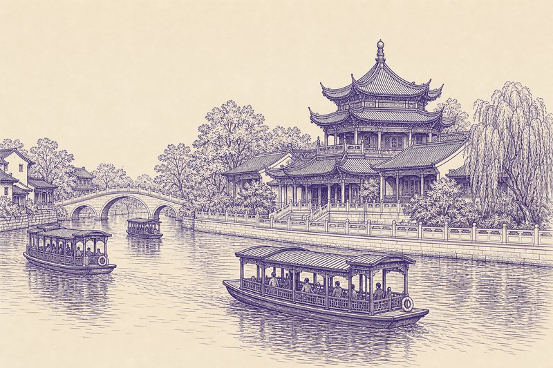 Zeichnung in Tusche zum Thema: Fuzimiao: der Konfuzius-Tempel in Nanjing