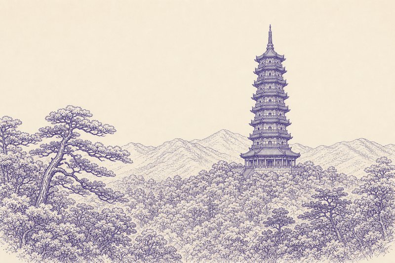 Zeichnung in Tusche zum Thema: Der Linggu-Tempel am Purpurberg in Nanjing