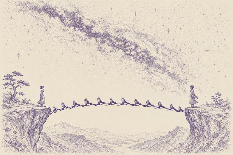 Zeichnung in Tusche zum Thema: Qixi-Fest, der chinesische Valentinstag