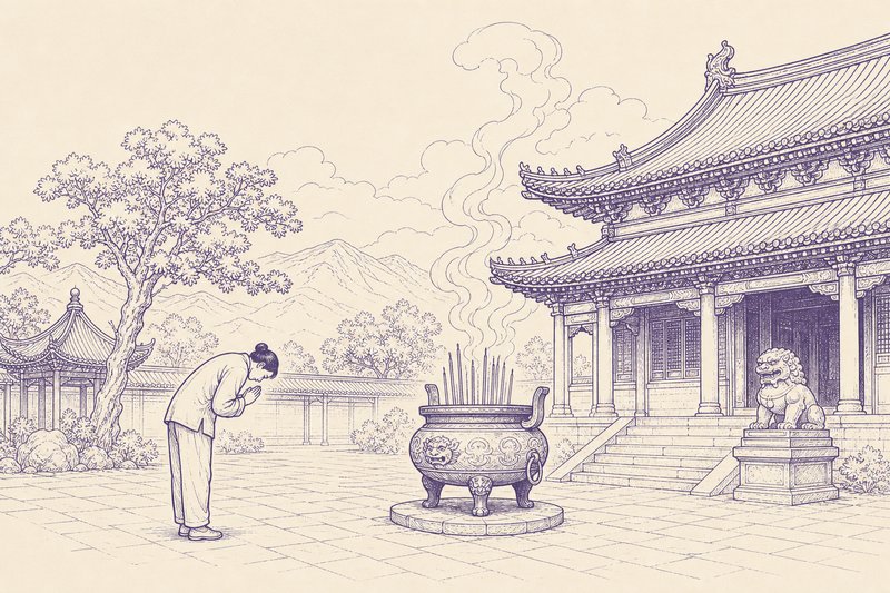 Zeichnung in Tusche zum Thema: Religionen Chinas
