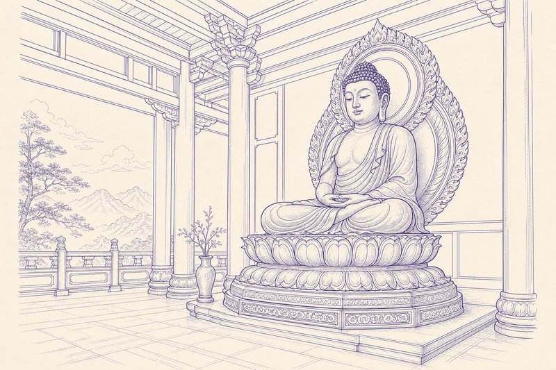 Zeichnung in Tusche zum Thema: Der Jadebuddha-Tempel in Shanghai