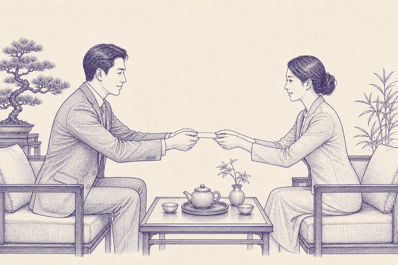 Zeichnung in Tusche zum Thema: Sitten in China: Etikette, Geschenke, Gesicht und Handeln