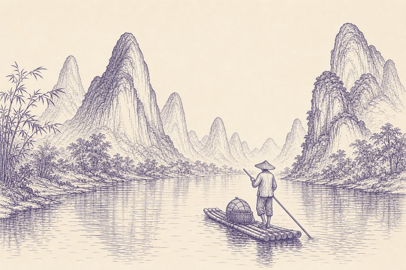 Zeichnung in Tusche zum Thema: Guilin und Yangshuo: Li-Fluss, Karstberge und Reisterrassen