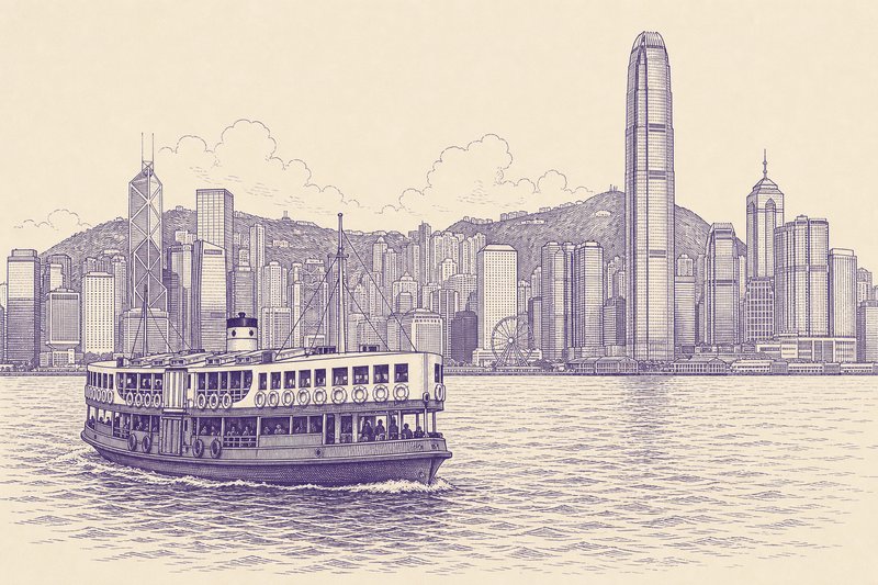 Zeichnung in Tusche zum Thema: Hongkong und Macau: Stadtteile, Star Ferry, Peak und Altstadt Macau