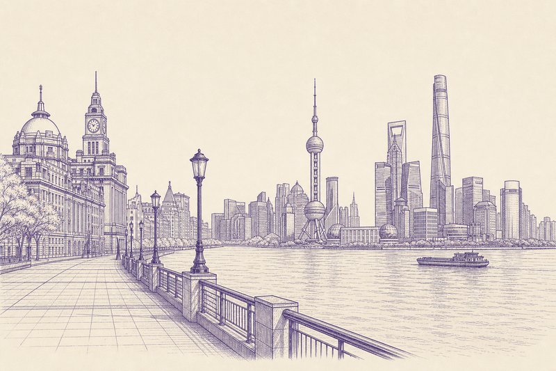 Zeichnung in Tusche zum Thema: Shanghai: Bund, Pudong, Altstadt und die Wasserstädte vor der Tür