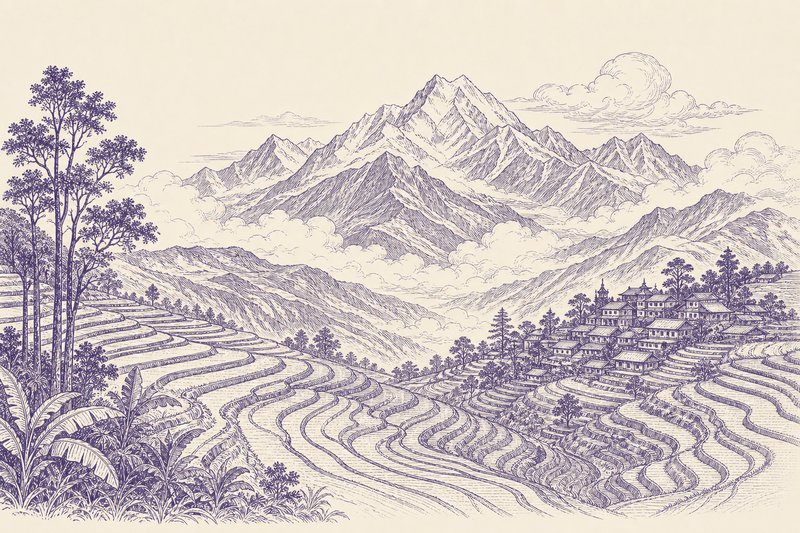 Zeichnung in Tusche zum Thema: Yunnan, südlich der Wolken: Kunming, Dali, Lijiang und Shangri-La