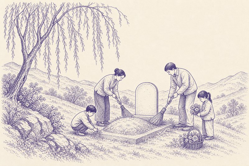 Zeichnung in Tusche zum Thema: Qingming, das chinesische Totenfest