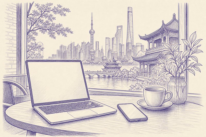 Zeichnung in Tusche zum Thema: VPN in China: Rechtslage und praktische Lage für Reisende