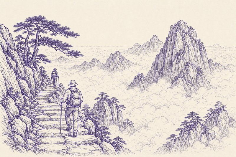 Zeichnung in Tusche zum Thema: Wandern in China: Huangshan, Reisterrassen, Li-Fluss und Mauer