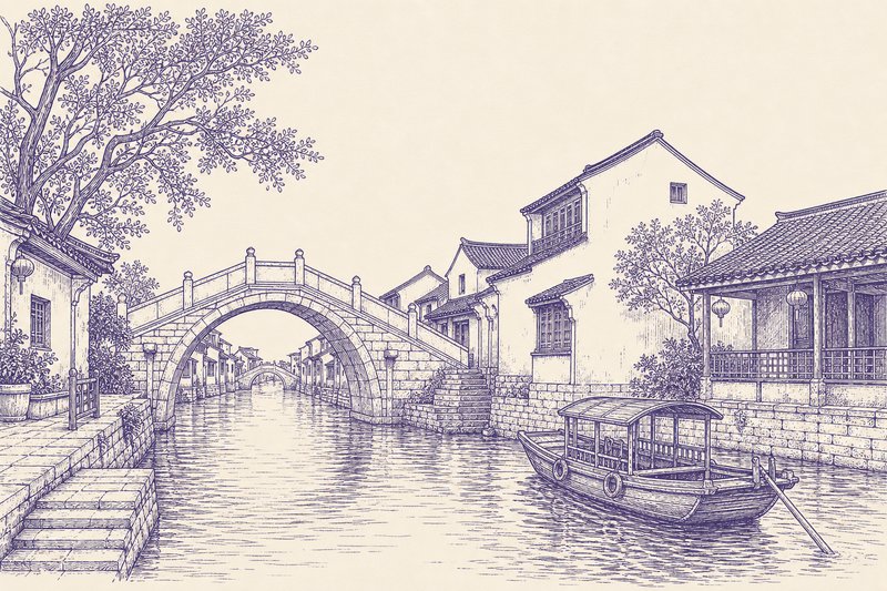 Zeichnung in Tusche zum Thema: Wasserstädte im Yangtze-Delta: Tongli, Zhouzhuang, Wuzhen, Xitang