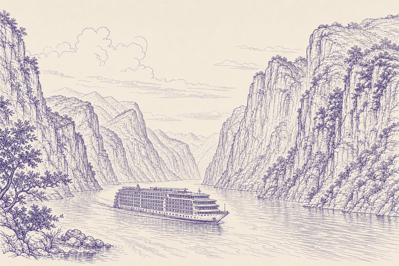 Zeichnung in Tusche zum Thema: Yangtze Kreuzfahrt: Drei Schluchten, Route, Schiffe, Reisezeit, Dauer