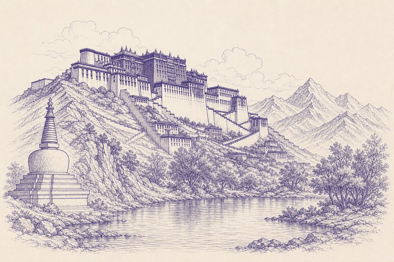 Zeichnung in Tusche zum Thema: Das Kloster Songzanlin in Shangri-La (Zhongdian)