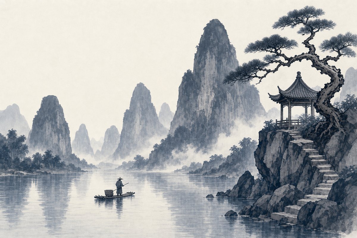 Tuschemalerei: Karstberge am Fluss bei Guilin, ein Fischer auf einem Bambusfloß, rechts ein Pavillon auf einem Felsen